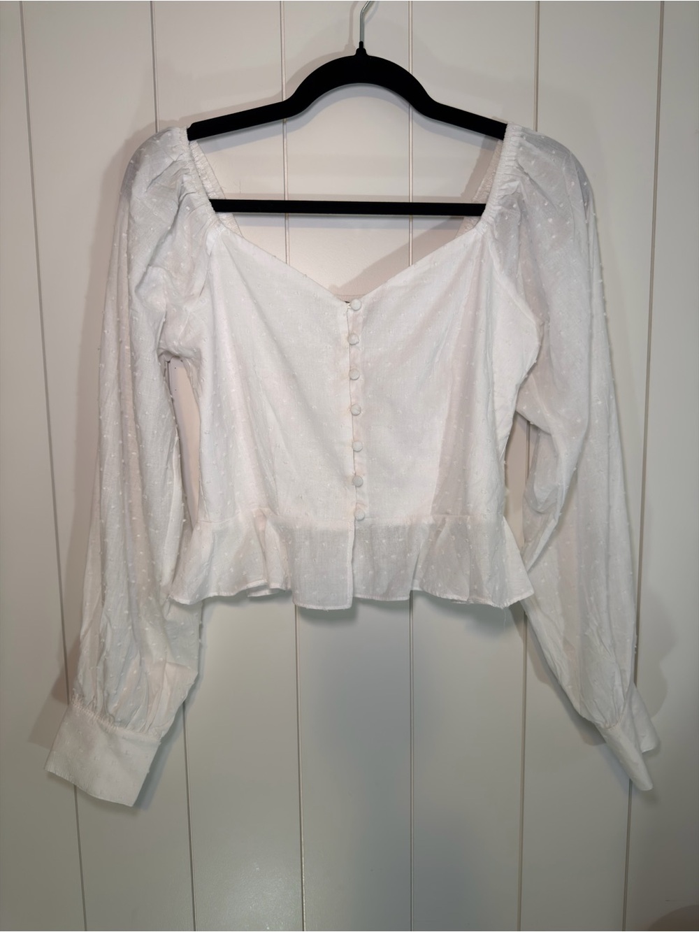 4SI3NNA White Button-Front Peplum Puff Sleeve Blouse